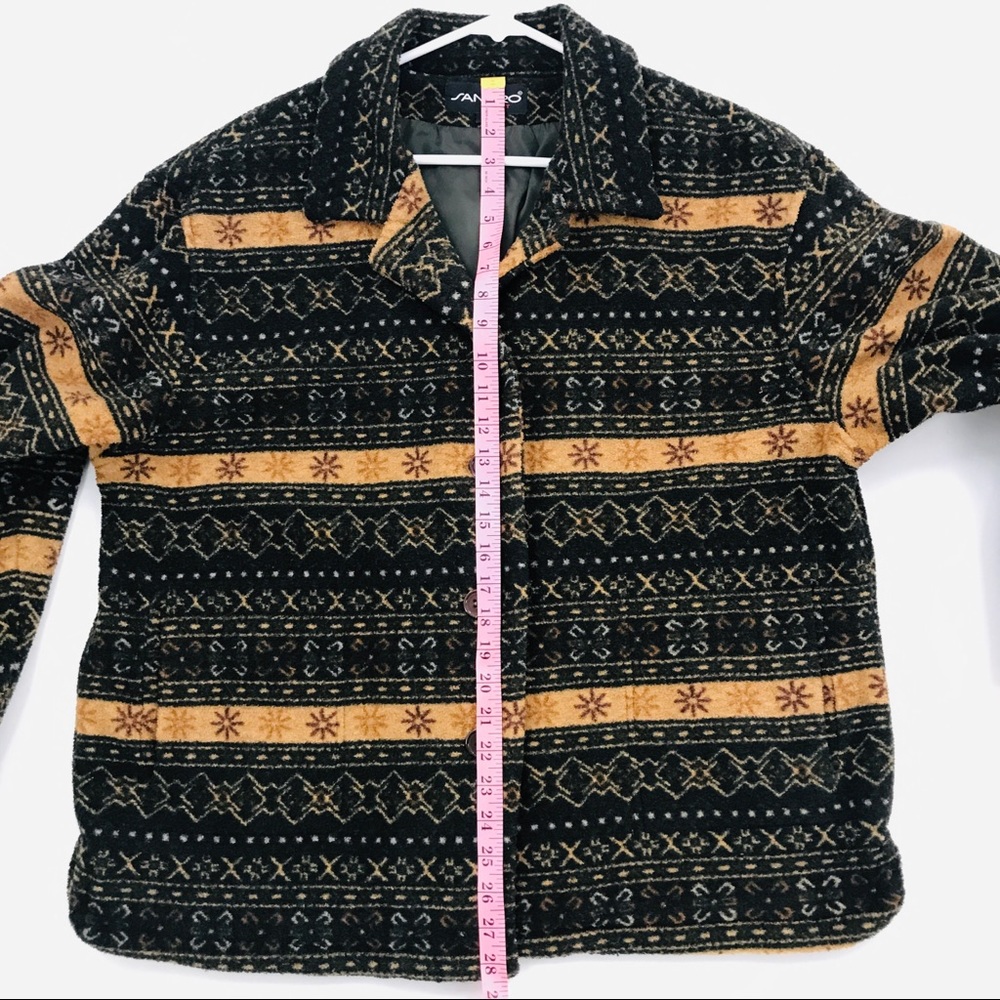 Vintage Sandro Sport Fleece Green Tan Pattern Poly Pile Collar Button Up Jacket - Picture 8 of 16